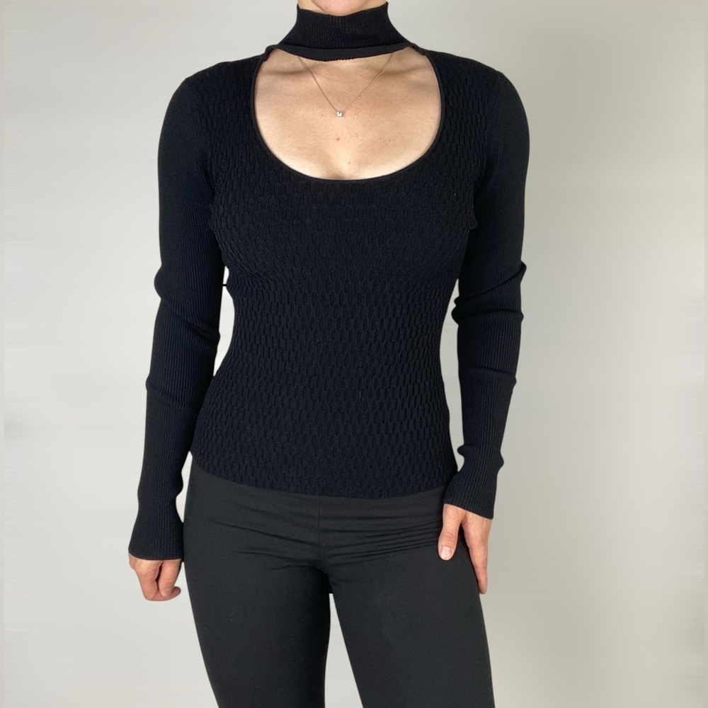 MILLY NWT Ribbed Half Moon Sweater Ribbed Knit Cut Out‎ Scoop Neck Black Size S